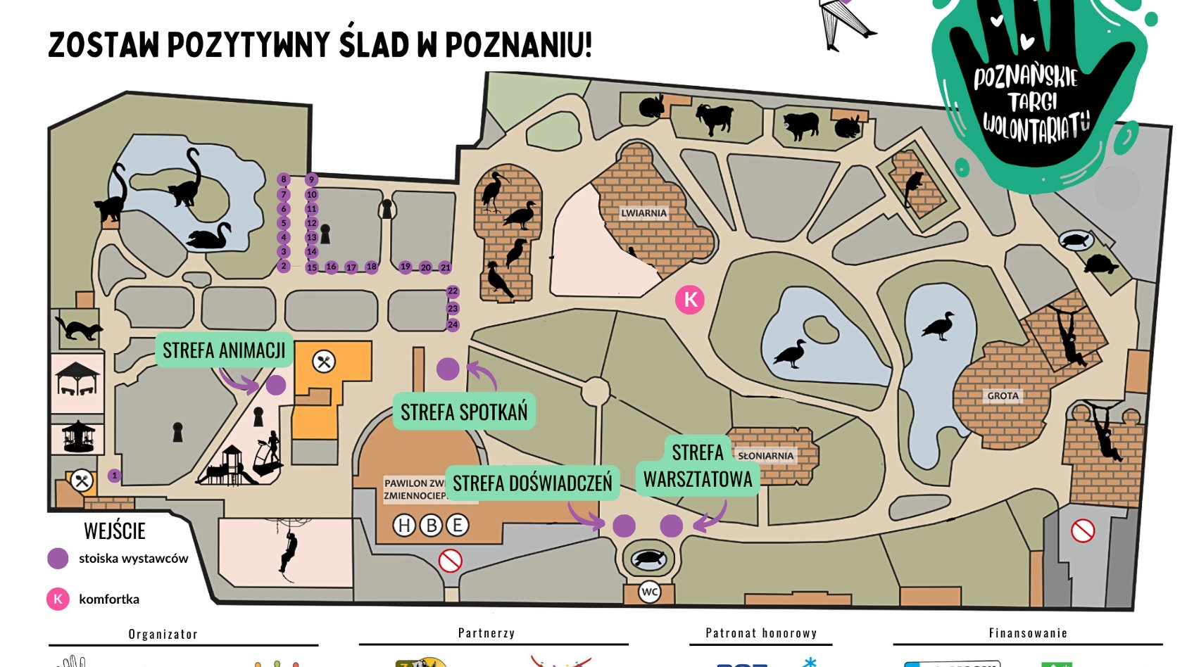 Mapa ogrodu zoologicznego z atrakcjami.