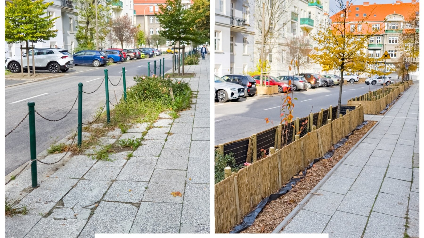 Kolaż dwóch zdjęć pokazujących jak ulica wyglądała przed i jak po odbrukowaniu