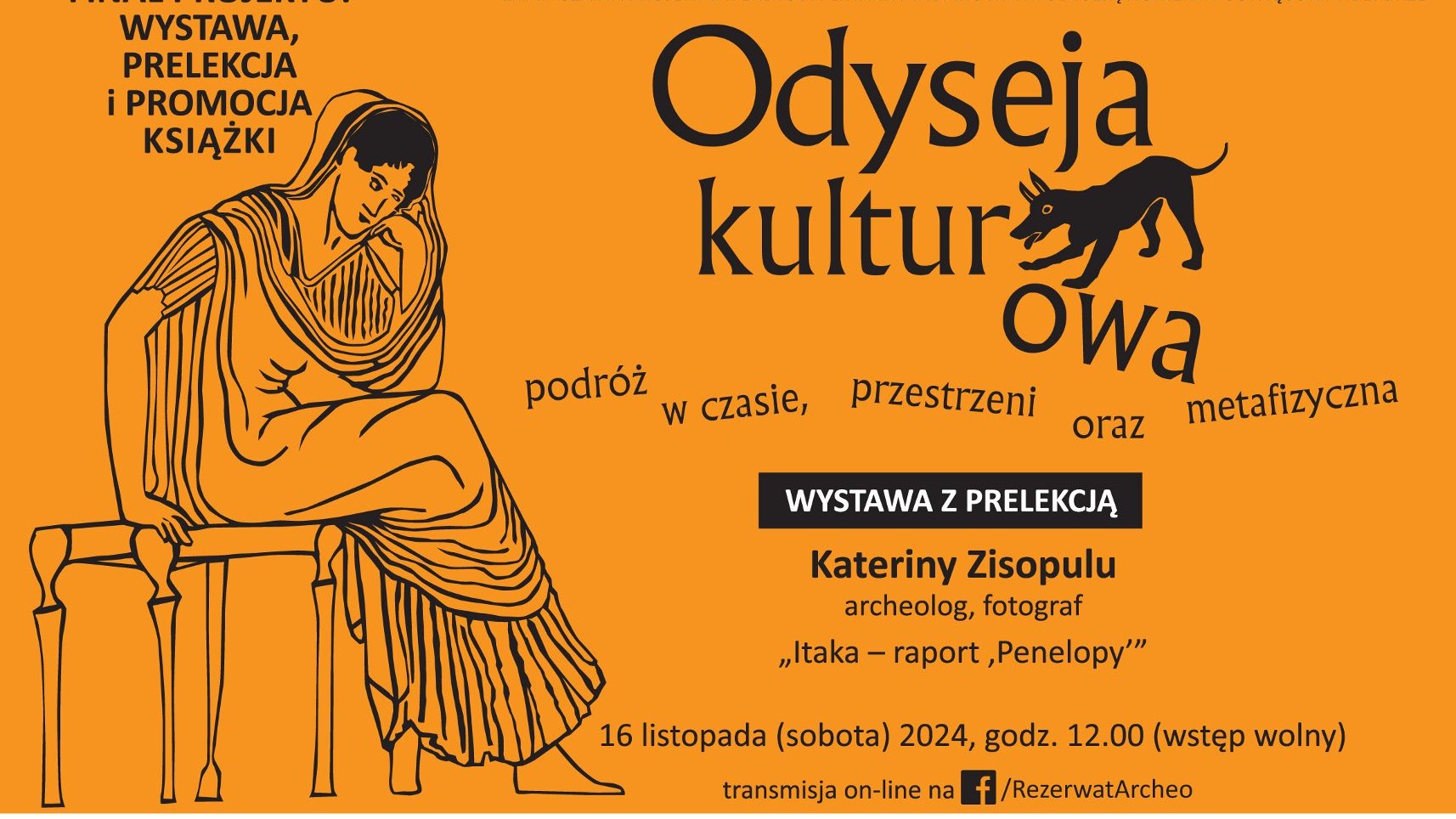 Plakat z informacjami o wystawie wraz z grafiką stylizowaną na antyczną