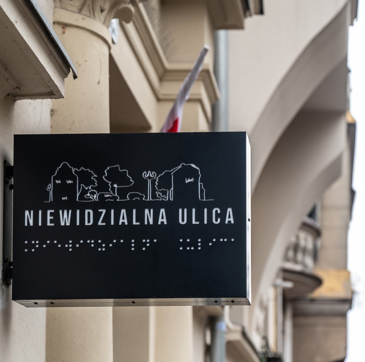 Zjęcie czarnej tablicy z białym napisem "Niewidzialna Ulica" umieszczonej na fasadzie kamienicy. - grafika artykułu