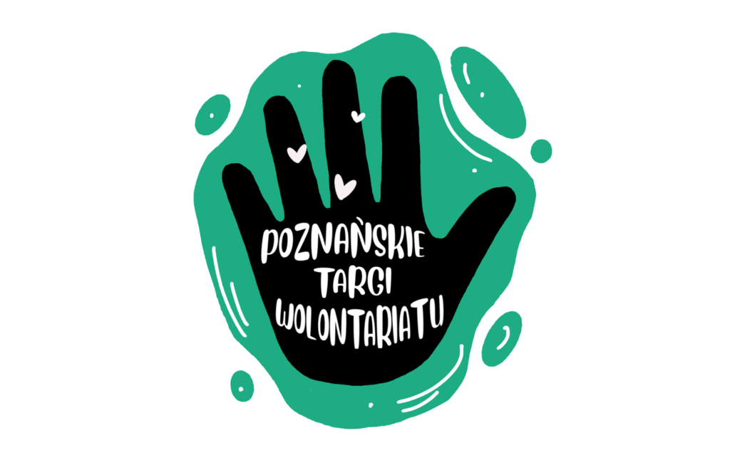 grafika przeddstawiająca czarną dłoń na zielonej plamie. Na dłoni znajduje się napis "Poznańskie Targi Wolontariatu". - grafika artykułu