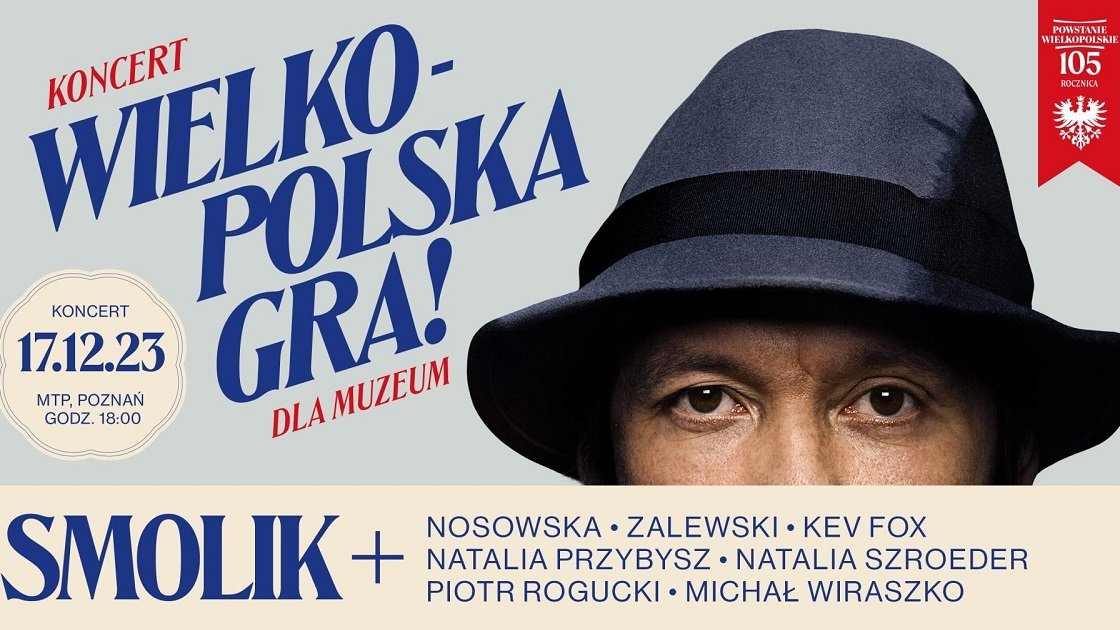 Concert poster: information about the event (title, date, names of the performers) and photo of a half of a man's face in a dark blue hat.