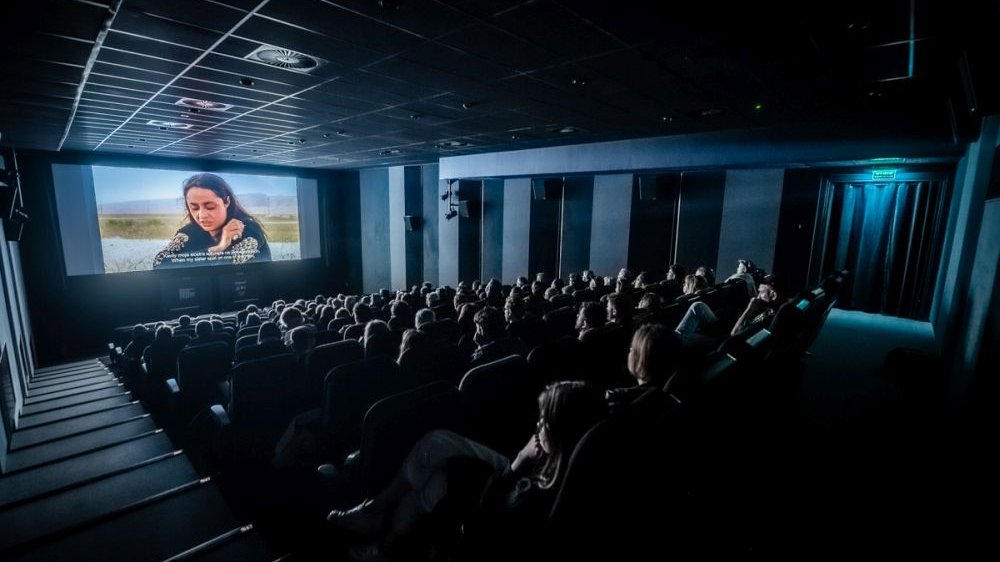 Darkened cinema, film screening in progress. Viewers sitting in armchairs are illuminated only by the light from the screen.