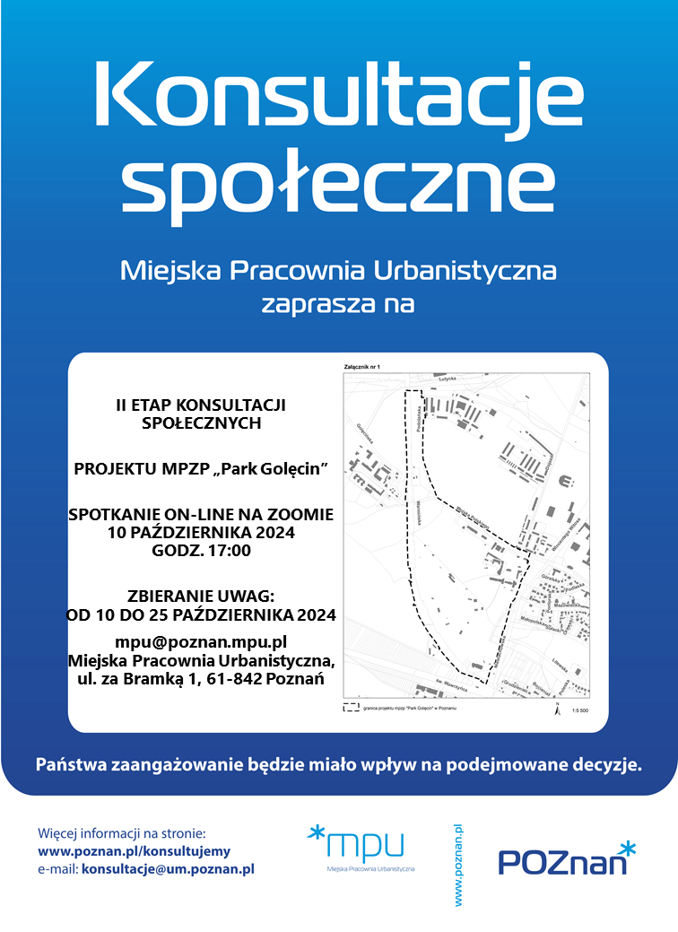 grafika informująca o konsultacjach społecznych mpzp "Park Golęcin" w Poznaniu