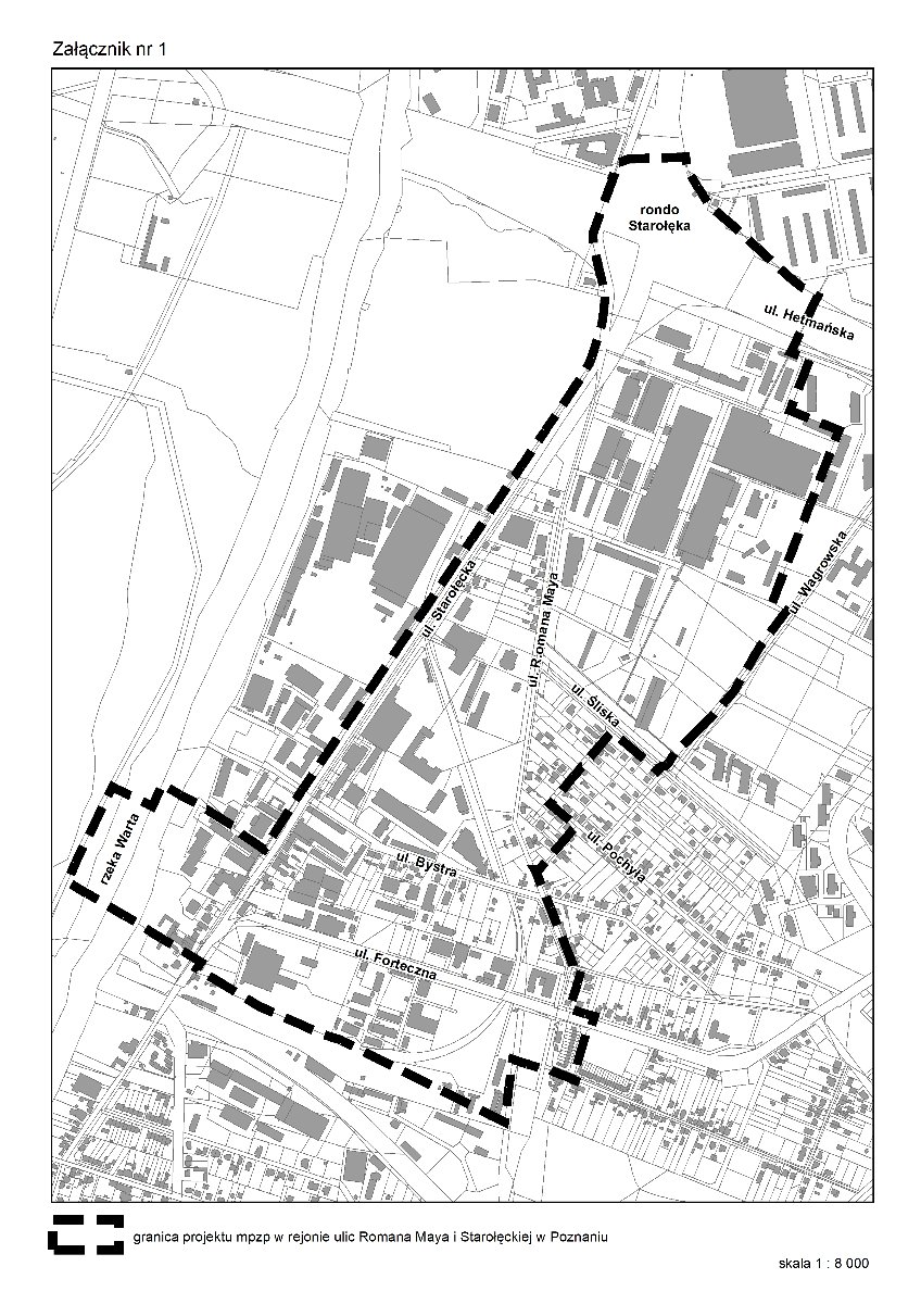 Granica planu mpzp w rejonie ulic Romana Maya i Starołęckiej w Poznaniu