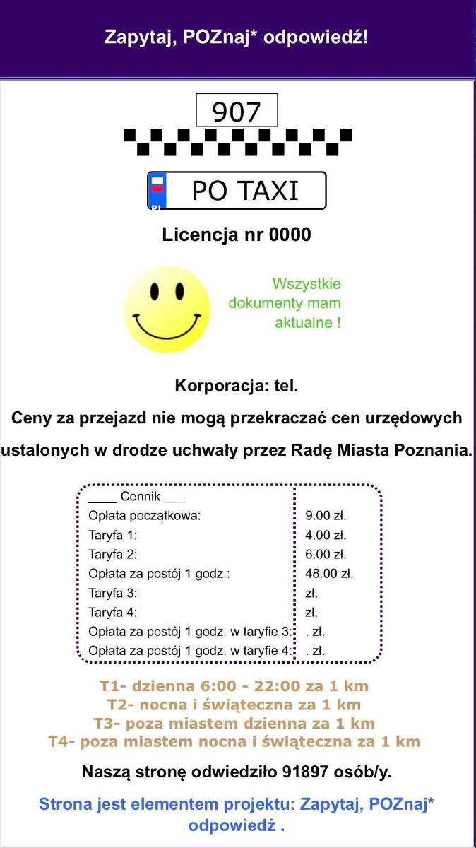 Informacja po zeskanowaniu QR-Kodu na taksówce wyposażonej w taksometr elektroniczny (stawki dotyczące opłat za przejazd odzwierciedlają stawki umieszczone na świadectwie legalizacji)