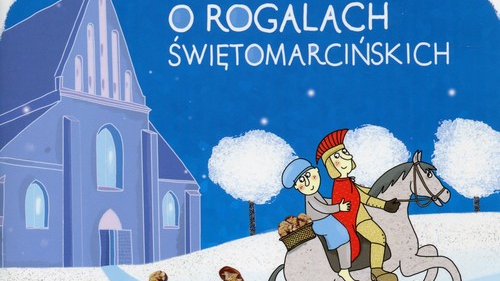 Plakat z informacjami o imprezie z garfiką przedstawiającego rogala i świętego Marcina na koniu