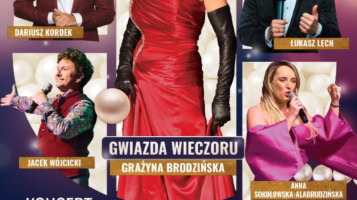 Plakat z informacjami o koncercie i zdjęciem grupy muzyków w w nim występujących