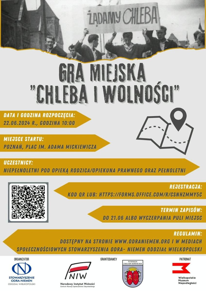 Plakat promujący premierę gry miejskiej. Na plakacie znajdują się najważniejsze informacje, które powtórzono w treści wpisu. Na plakacie jest też zdjęcie, które przedstawia poznańskich robotników z transparentem "Żądamy chleba!". - grafika artykułu