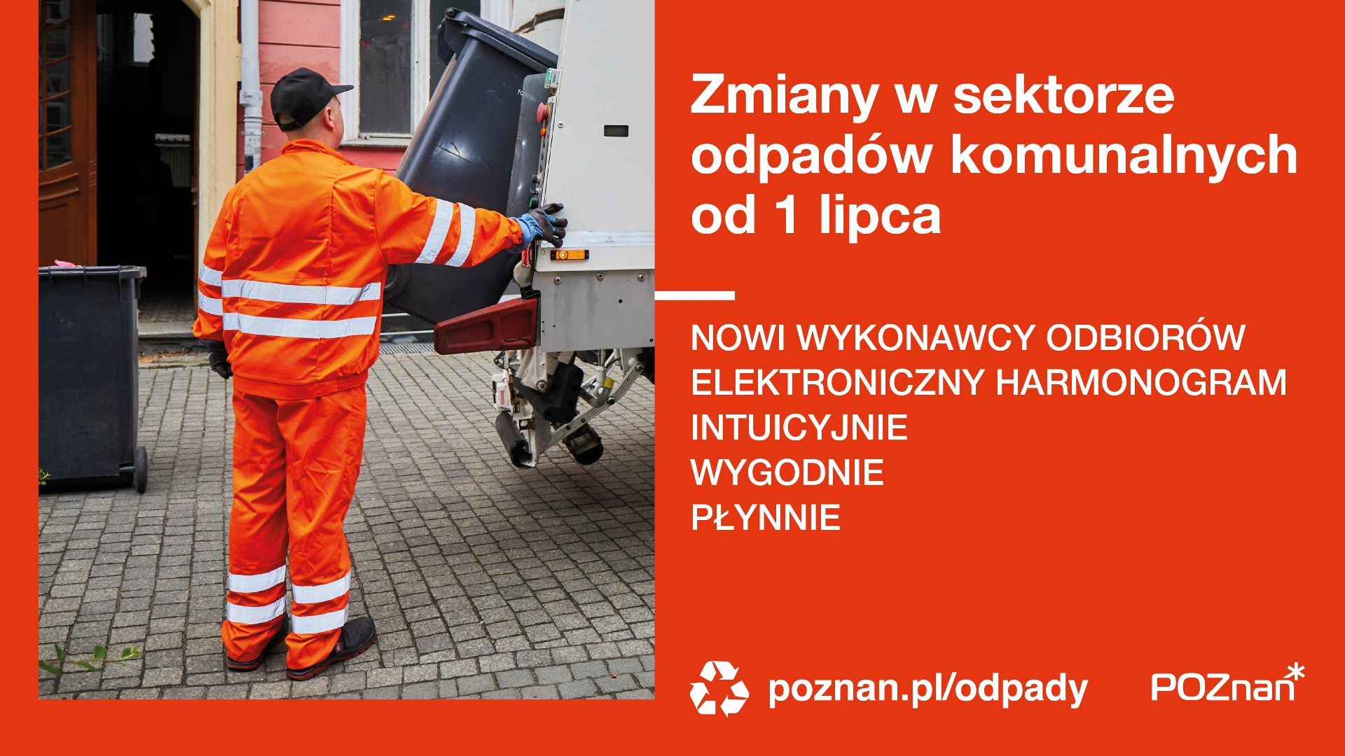 Na zdjęciu pracownik komunalny podpina pojemnik na odpady do opróżnienia go do samochodu - grafika artykułu