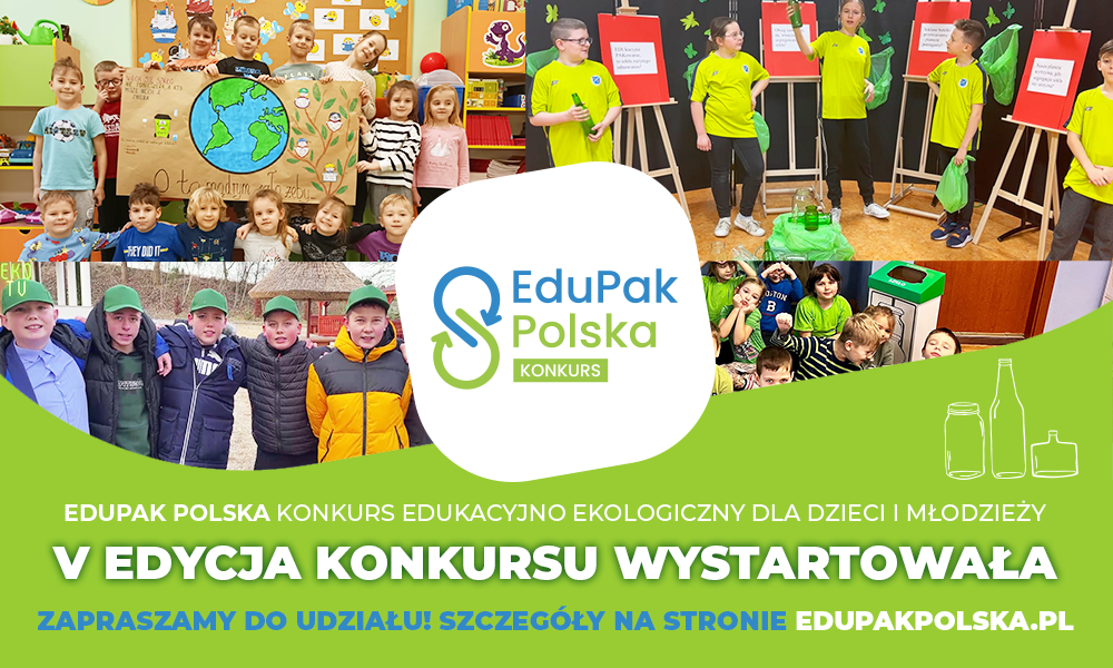 Grafika przedstawia zaproszenie do konkursu EduPak. Za grafice jest grupa dzieci przygotowujących zadania konkursowe dotyczące selektywnej zbiórki szkła - grafika artykułu