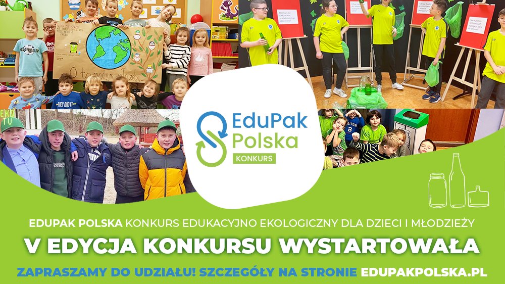 Grafika przedstawia zaproszenie do konkursu EduPak. Za grafice jest grupa dzieci przygotowujących zadania konkursowe dotyczące selektywnej zbiórki szkła