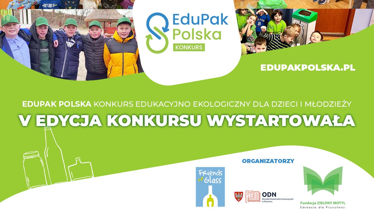 Grafika przedstawia zaproszenie do konkursu EduPak. Za grafice jest grupa dzieci przygotowujących zadania konkursowe dotyczące selektywnej zbiórki szkła