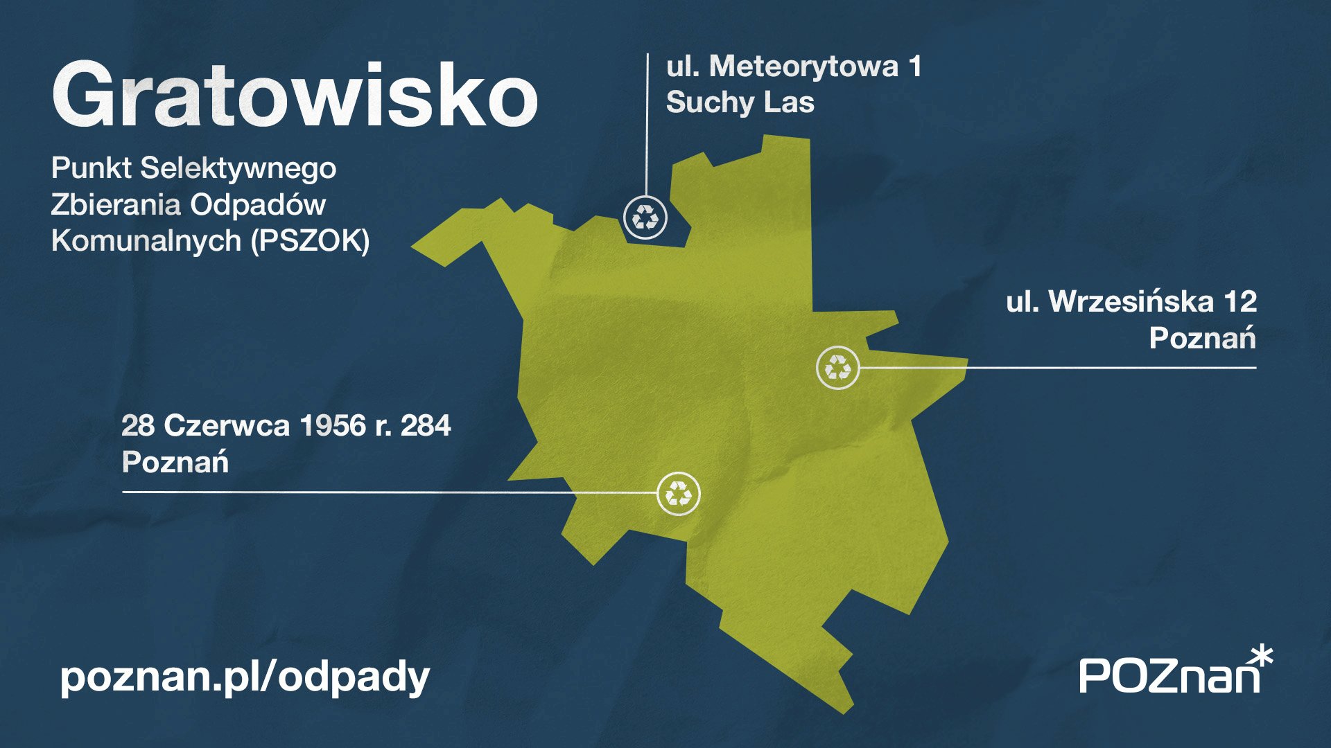 Grafika przedstawia schemat mapy Poznania z naniesionymi lokalizacjami Punktów Selektywnego Zbierania Odpadów Komunalnyh - grafika artykułu