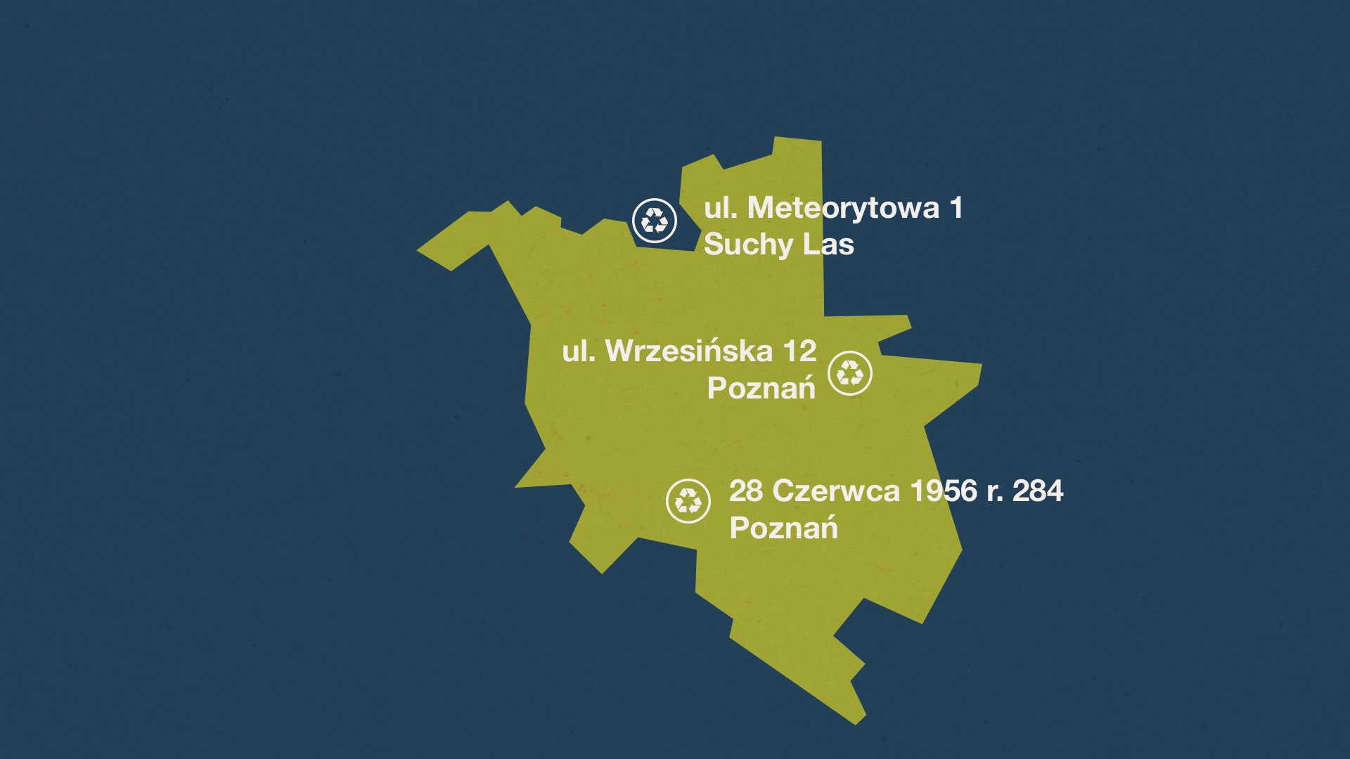 Grafika przedstawia schemat mapy Poznania z naniesionymi lokalizacjami Punktów Selektywnego Zbierania Odpadów Komunalnyh