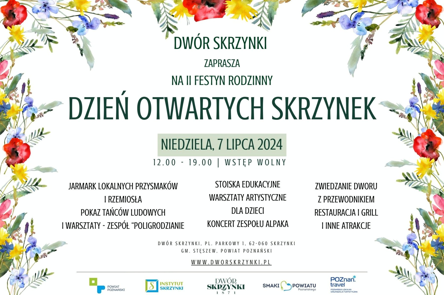 Plakat informujący o Dniu Otwartych Skrzynek, białe tło, ramka z kolorowych kwitnących kwiatów - grafika artykułu