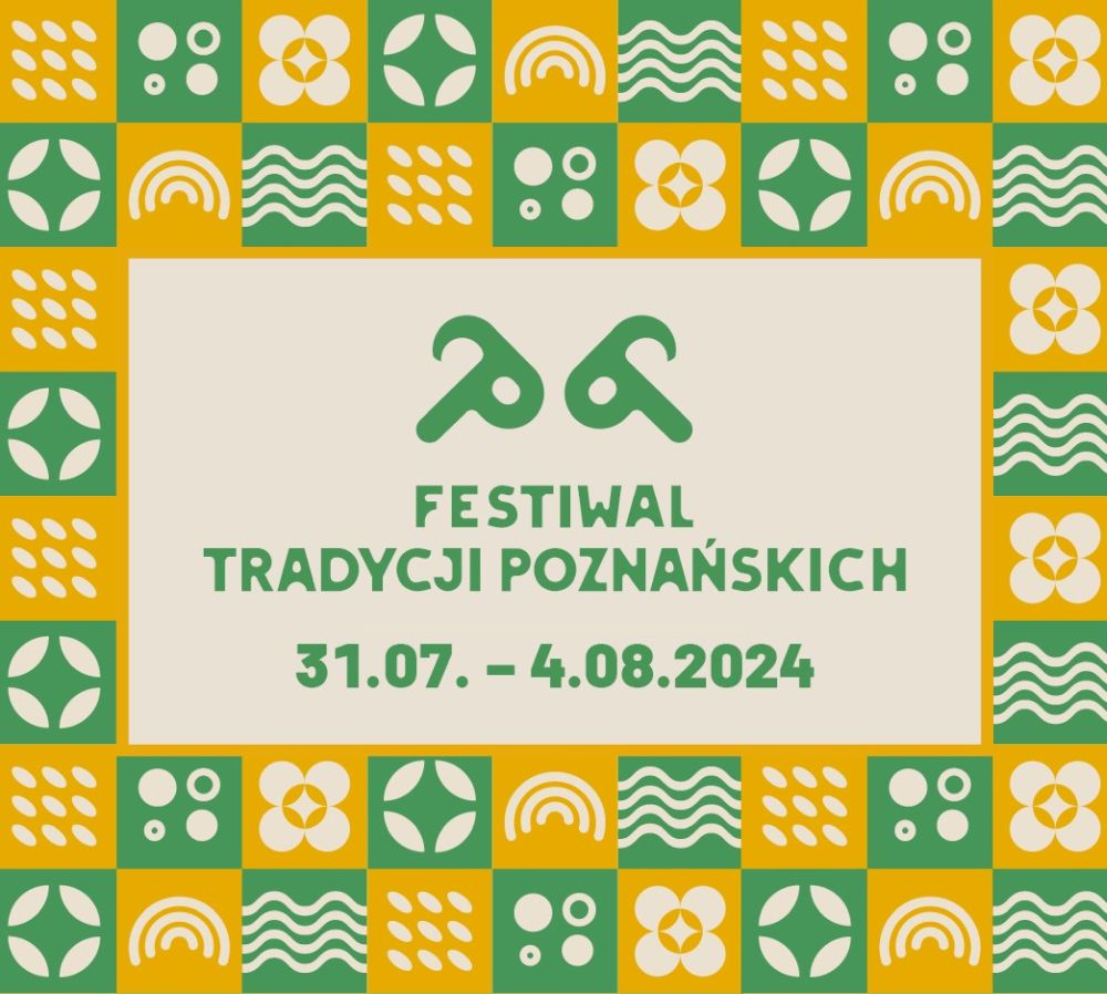 Plakat, żółto - zielona ramka, pośrodku napis Festiwal Tradycji Poznańskich i data festiwalu. Nad napisem symboliczne koziołki. - grafika artykułu