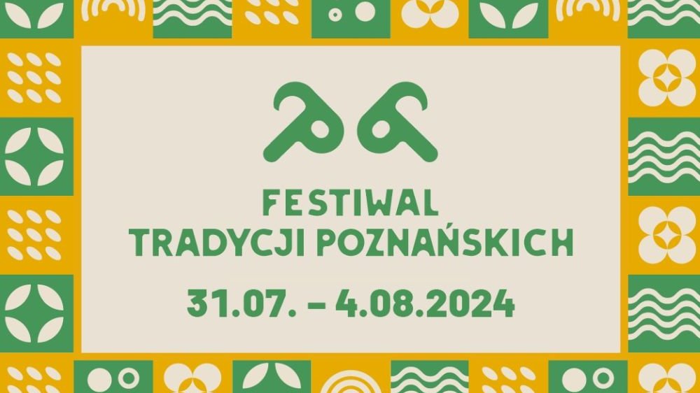 Plakat, żółto - zielona ramka, pośrodku napis Festiwal Tradycji Poznańskich i data festiwalu. Nad napisem symboliczne koziołki.