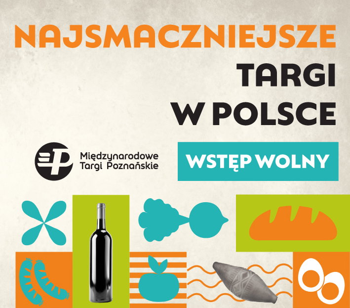 Plakat, kolorowe napisy informujące o wydarzenu, na dole plakatu ikonki związane z jedzeniem, m.in. butelka, burak, chleb, kiełbasa, jabłko, ser, jajko. - grafika artykułu