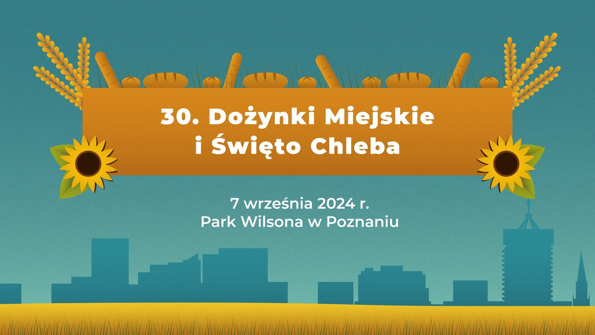 Kolorowa grafika ze słonecznikami, owsami i pieczywem, który ozdabia baner. Pod nim rozciąga się żółte pole. W tle panorama Poznania. - grafika artykułu