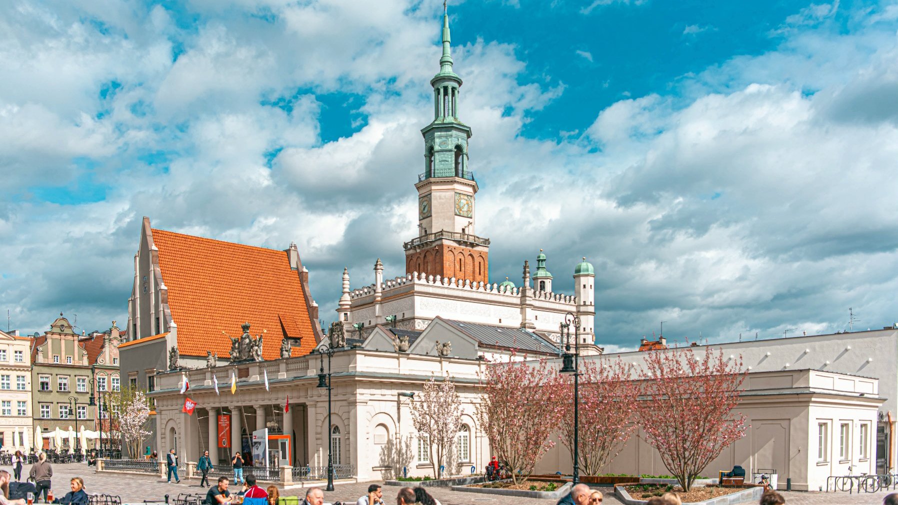 Na zdjęciu Stary Rynek, na pierwszym planie ludzie w ogródkach gasrtronomicznych, w tle ratusz, przed nim kwitnące drzewa