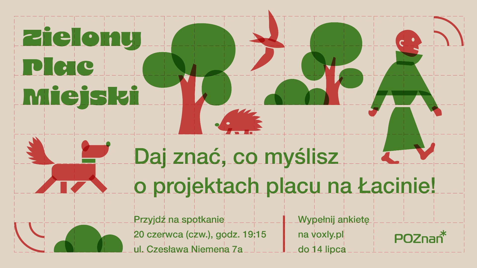 Grafika z napisem: zielony plac miejski, daj znać co myślisz