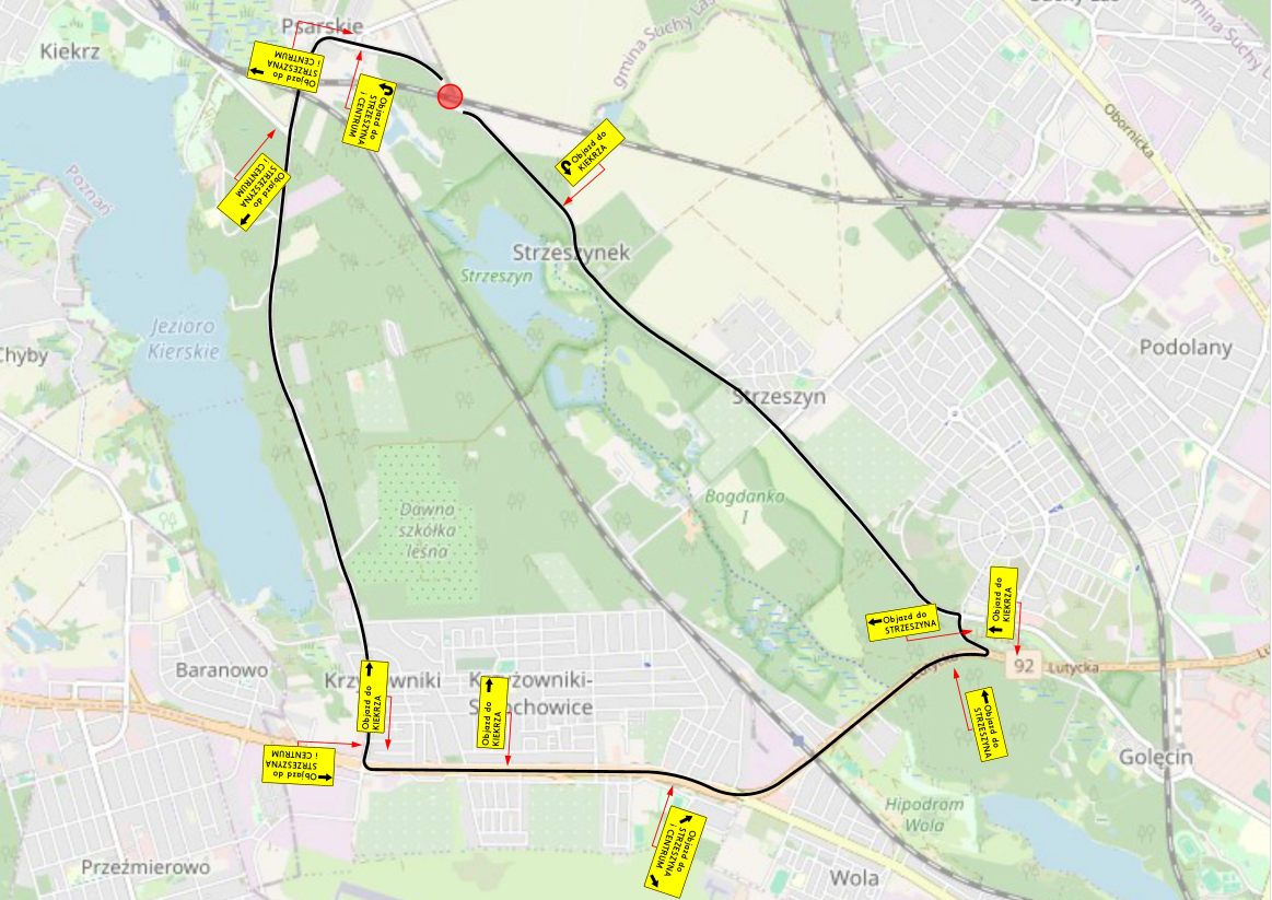 Grafika- mapka z zaznaczonymi objazdami - grafika artykułu