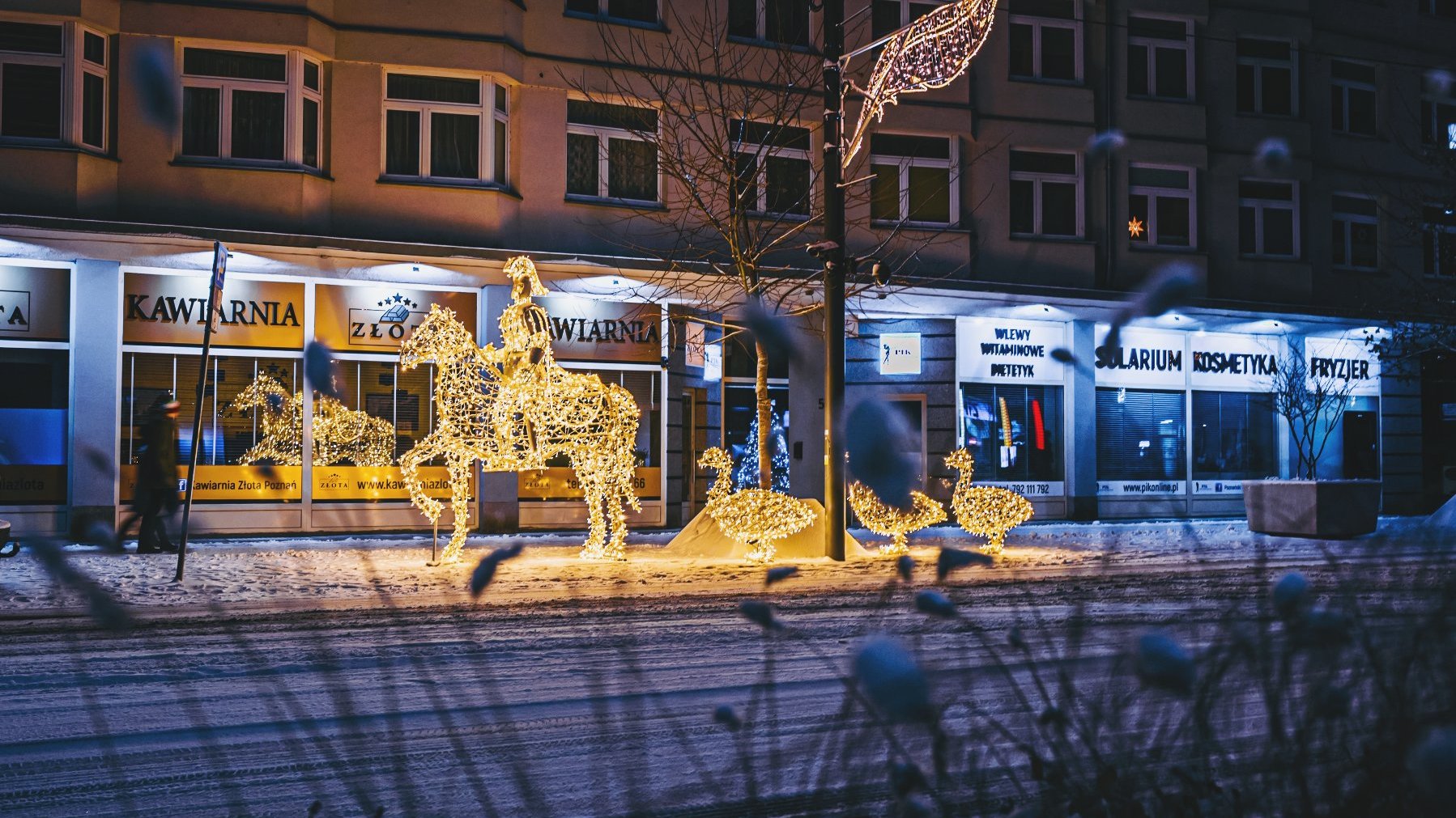 Zdjęcie przedstawia iluminację w kształcie Świętego Marcina na koniu oraz trzech idących za nim gęsi. Iluminacja znajduje się na ulicy. W tle widać witryny sklepów.