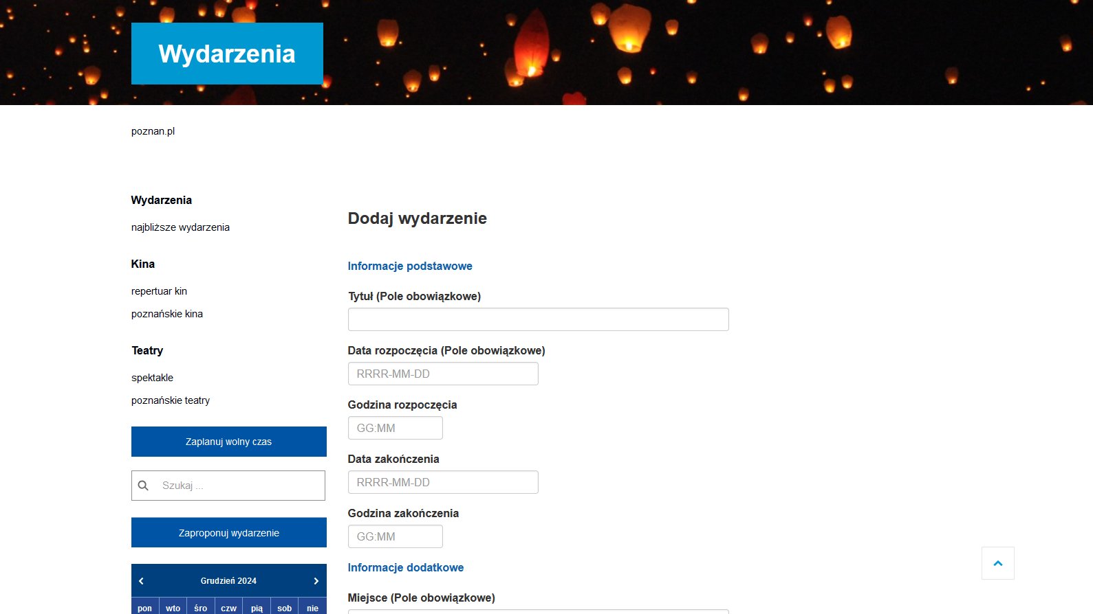Zrzut ekranu z formularza zgłoszeniowego do bazy wydarzeń serwisu Poznan.pl.