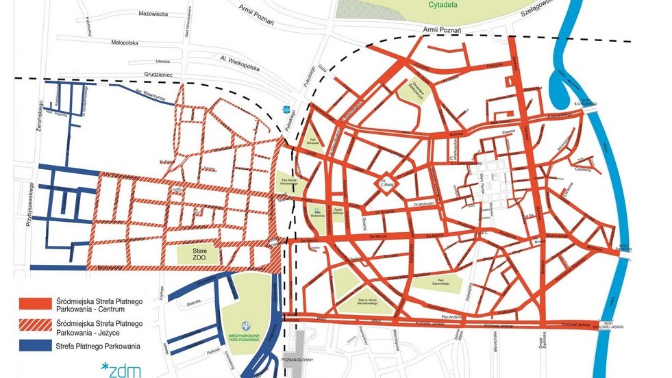 Zasięg obecnie istniejącej Strefy Płatnego Parkowania w Poznaniu, fot. ZDM