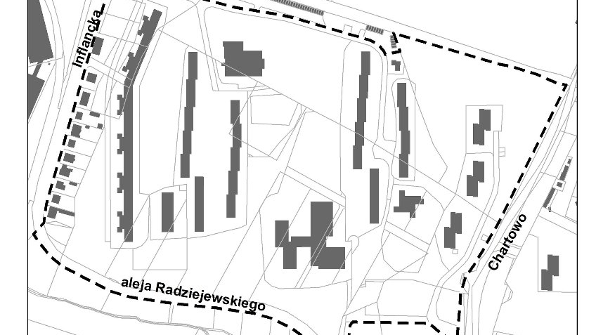 Mapka pokazuje rozmieszczenie budynków wielorodzinnych na osiedlu, widać bloki, szkołę i dom kultury