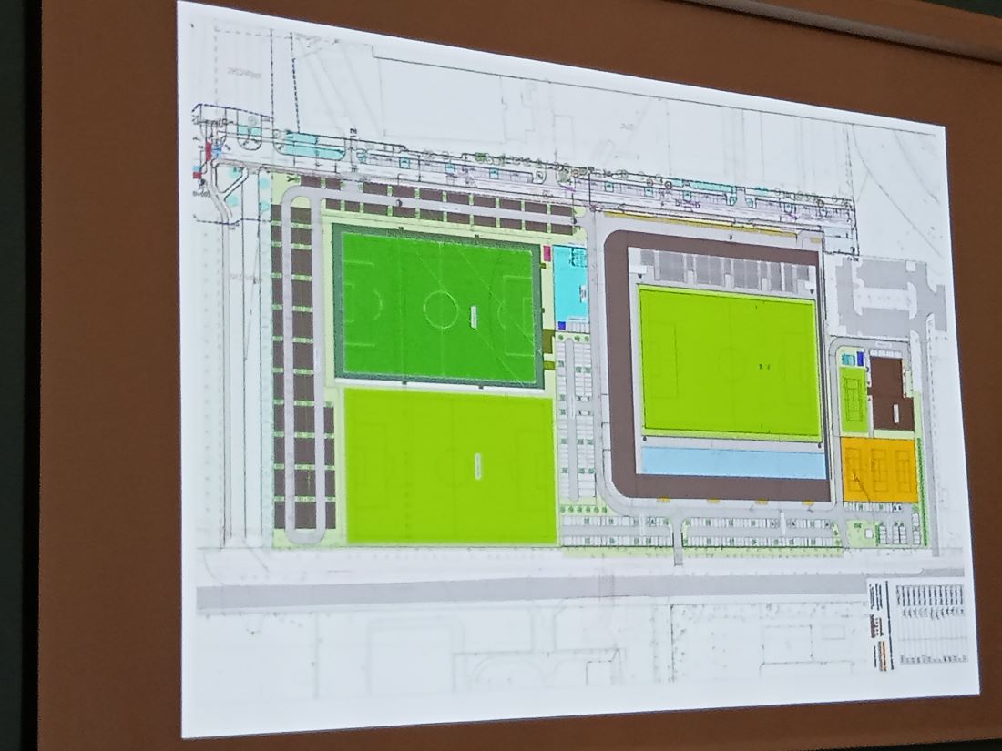 na dużym ekranie wyświetlona mapa pokazująca położenie boisk do piłki nożnej i kortów tenisowych - grafika artykułu