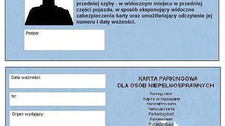 "karta parkingowa dla osób niepełnosprawnych" (wzór dwustronnego, imiennego dokumentu dla osób uprawnionych)