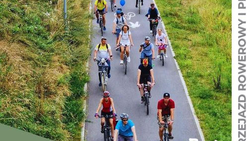 Zdjęcie asfaltowej ścieżki rowerowej ciągnącej się między łąkami, którą wypełniają rowerzyści