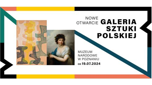 Plakat, kolorowa ramka, pośrodku dwa obrazy, napis Galeria Sztuki Polskiej, od górnego lewego narożnika do dolnego prawego narożnika ciągnie się zielona linia.