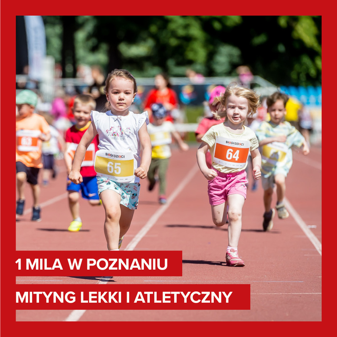 Zdjęcie, dzieci z nurmerami startowymi na koszulkach biegną po stadionie. - grafika artykułu