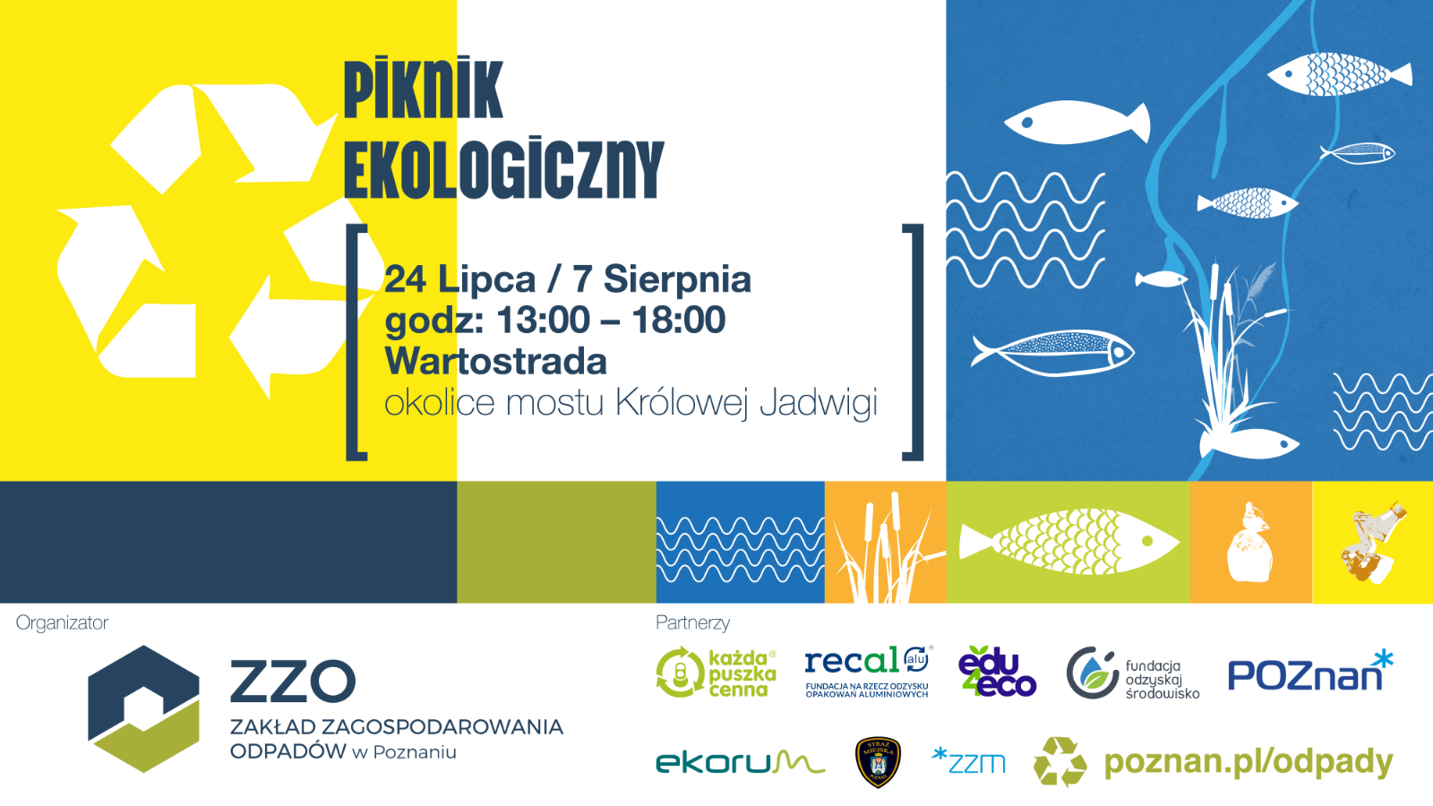 Plakat, z lewej strony na żółtym tle symbol recyclingu, po prawe stronie na niebieskim tle rysunek ryb i wodnych roślin, pośrodku informacje o wydarzeniu. W dolnej część pasek kolorowych kwadratów z symbolami ryb, roślin, śmieci. - grafika artykułu