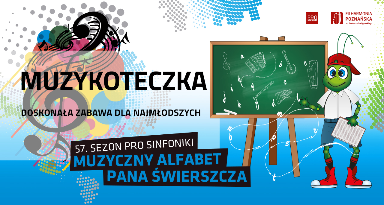 Baner, na kolorowym tle zakręcona pięciolinia z nutami, z boku zielona tablica, na której świerszcz w białej koszuli i niebieskich spodniach rysuje nuty, z boku napisy informujące o wydarzeniu. - grafika artykułu