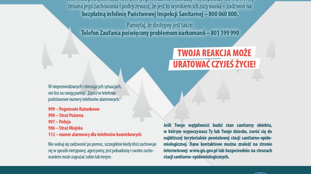 Plakat informacyjny, jak zachować bezpieczeństwo podczas ferii. Tło przypomina stok narciarski porośnięty drzewami. Na plakacie znajdują się numery alarmowe.