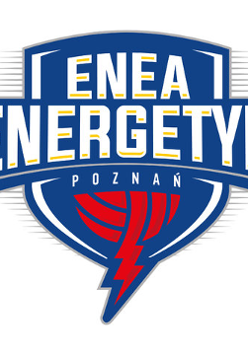 Herb Energetyka Poznań - biały napis Enea, pod spodem również biały Energetyk i w trzecim rzędzie Poznań na niebieskim tle, a na samym dole motyw czerwonej piłki siatkowej