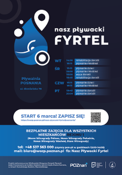 Plakat przedstawia listę zajęć proponowanych w ramach projektu Nasz Pływacki Fyrtel odbywających się na basenie Posnania. Harmonogram zajęć znajduje się w treści artykułu.
