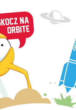 na plakacie rakieta i żółty stworek