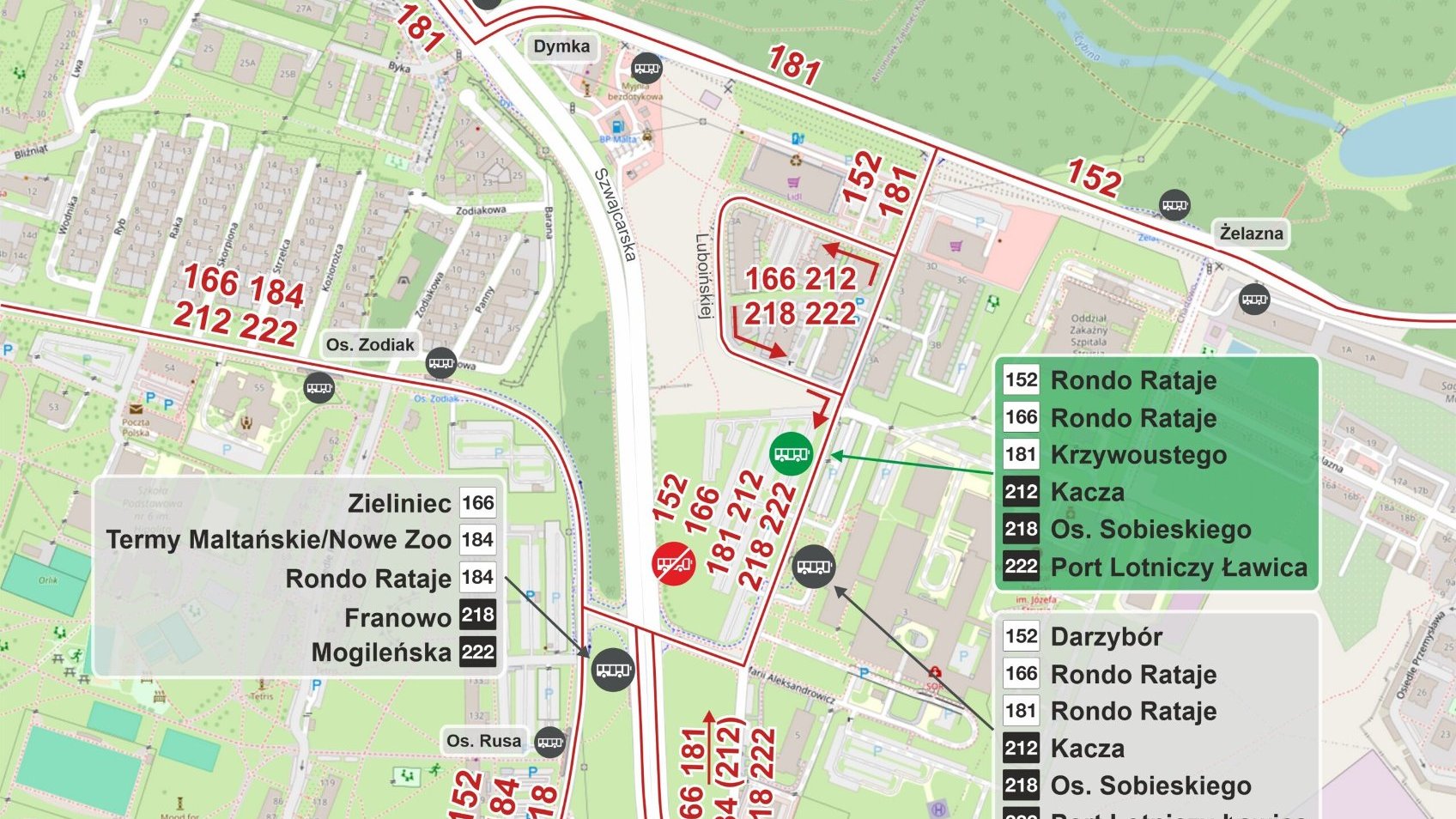 Schemat z naniesionymi kolorami liniami tras autobusów i ich numery