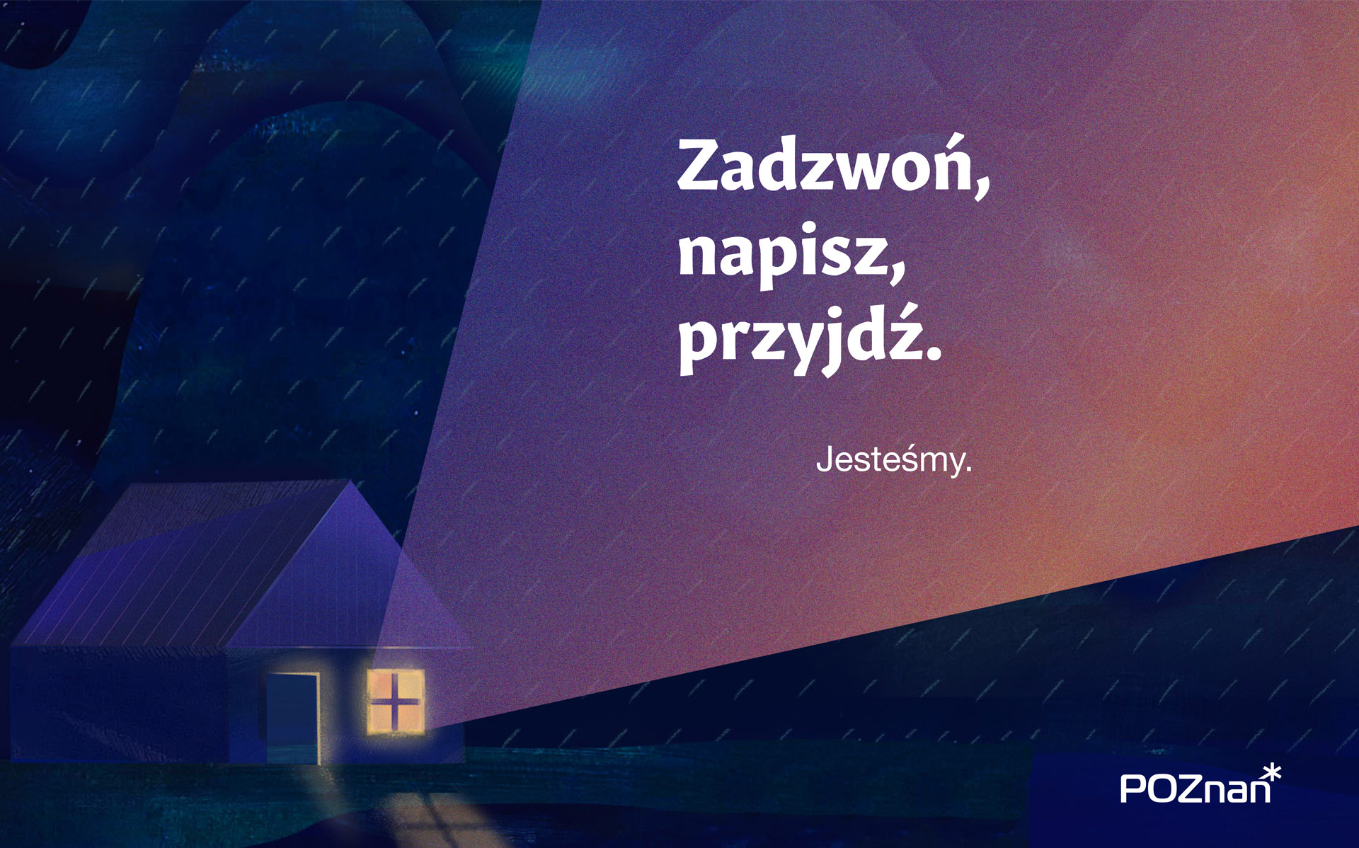 grafika z hasłem zadzwoń, napisz, przyjdź - z widokiem domku o zmroku z rozświetlonym oknem - grafika artykułu