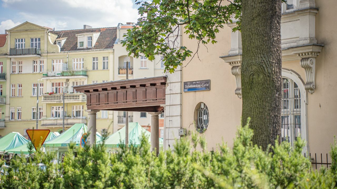 Zdjęcei znad krzaków z widokiem na dachy targowiska i otaczające je kamienice.