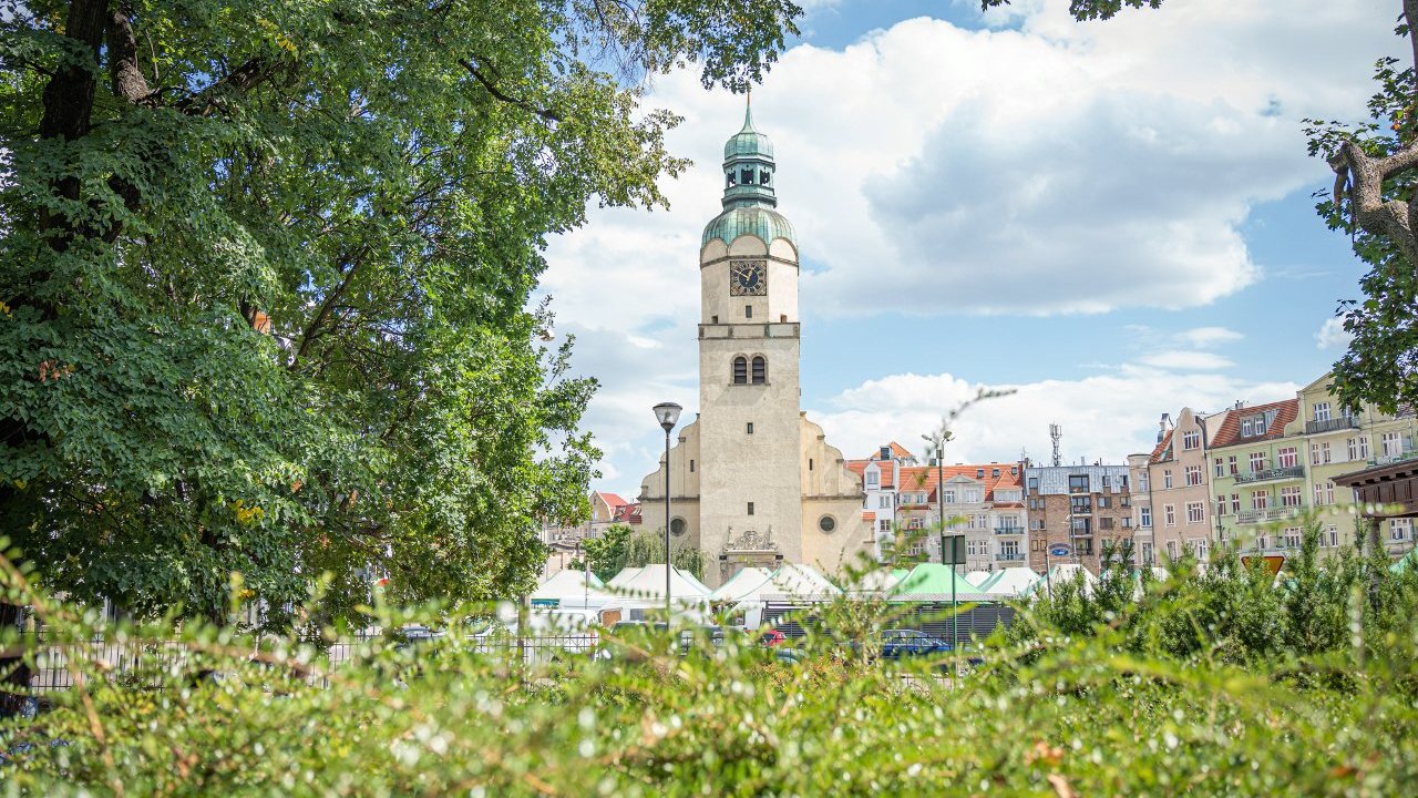 Zielone zarośla i dzrewa na placu, a za nimi rynek wildecki i kościół.