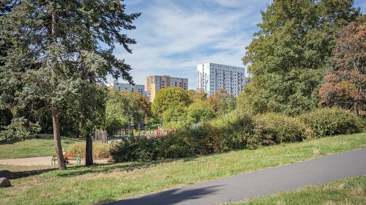 Zielony pagórek ze ścieżką i roślinnością. Za nim panorama osiedla.