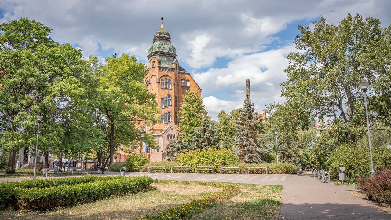 Ścieżka na placu prowadząca do mini placyka z ławkami, gdzie siedzą ludzie, Dookoła zieleń.