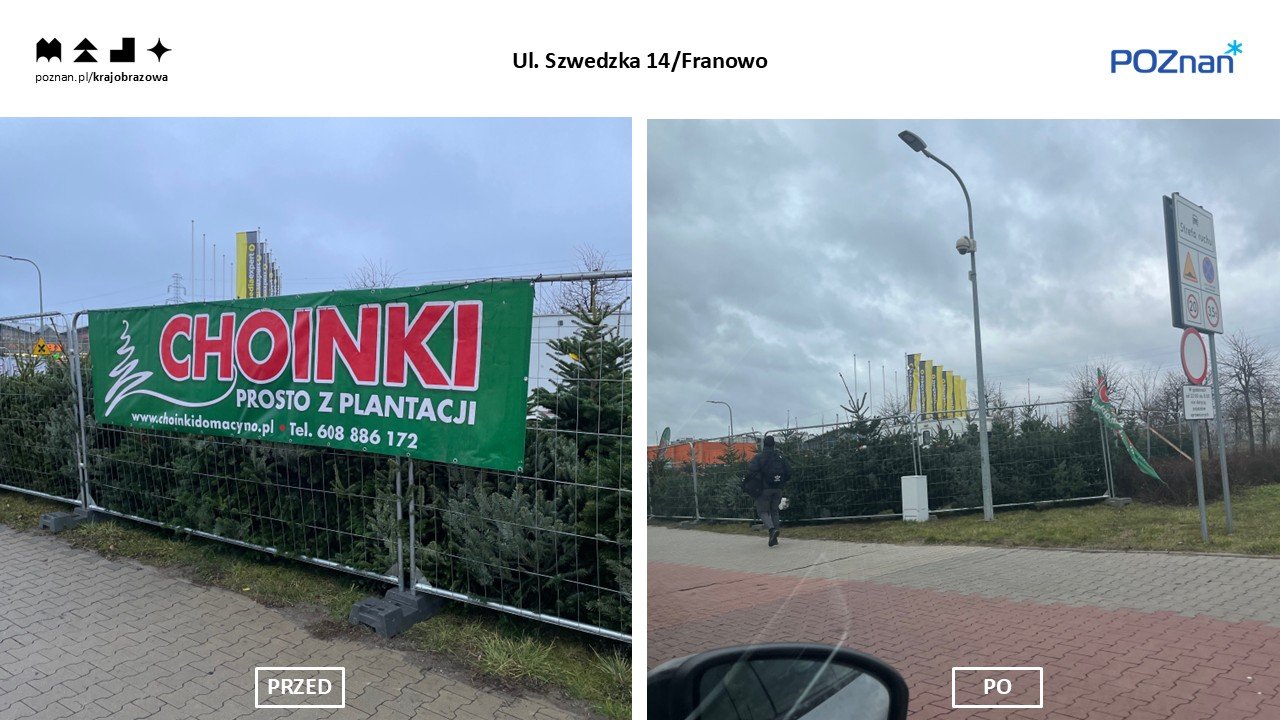 Zdjęcie pokazuje stan przed i po. Zdemontowany baner z ogrodzenia (choinki), Franowo (2)