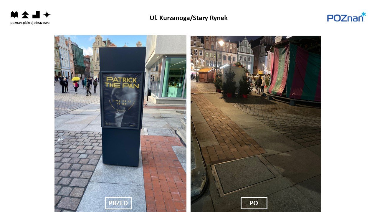 Zdjęcie pokazuje stan przed i po. Zdemontowany pylon Stary Rynek